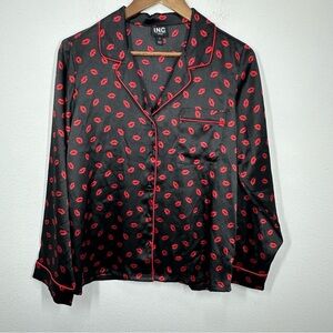 I.N.C. Intimates Women's Size Small Black Satin Button Front Pajama Top Red Lips